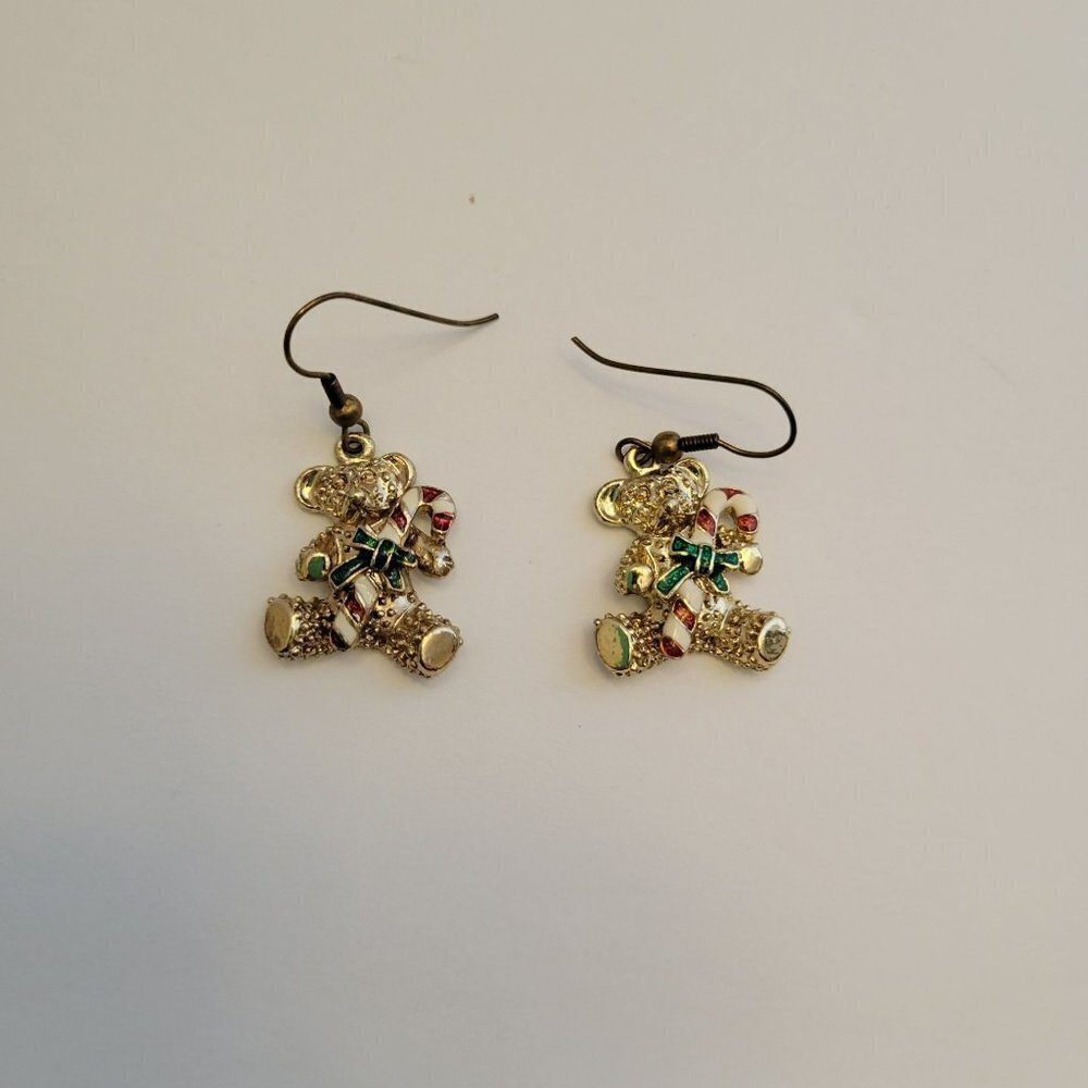 Christmas Teddy Bear with Candy Cane Earrings